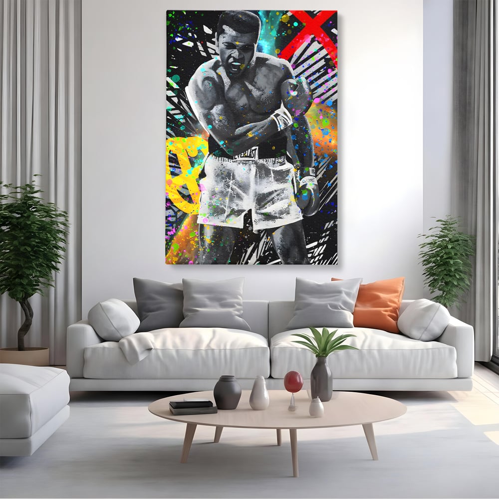 Tablou canvas cu tablou canvas cu muhammad ali in alb si negru, fara rama, pe sasiu de lemn, pe perete intr-un living